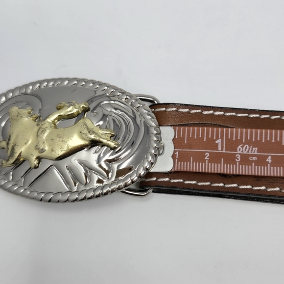 NOCONA BELT CO. BROWN EMBOSSED LEATHER BELT BULL RIDER BUCKLE YOUTH SIZE 22 BOYS - Picture 10 of 13